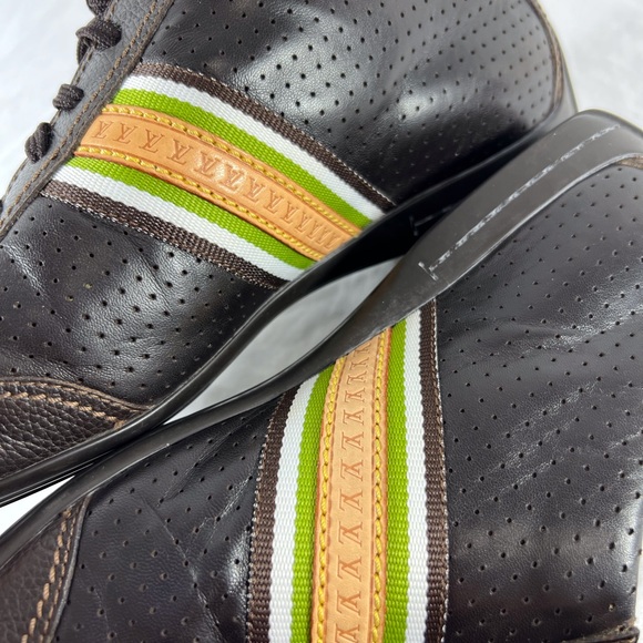 LOUIS VUITTON Brown Perforated Leather Striped Monogram Sneakers 7UK 8US - Picture 10 of 17